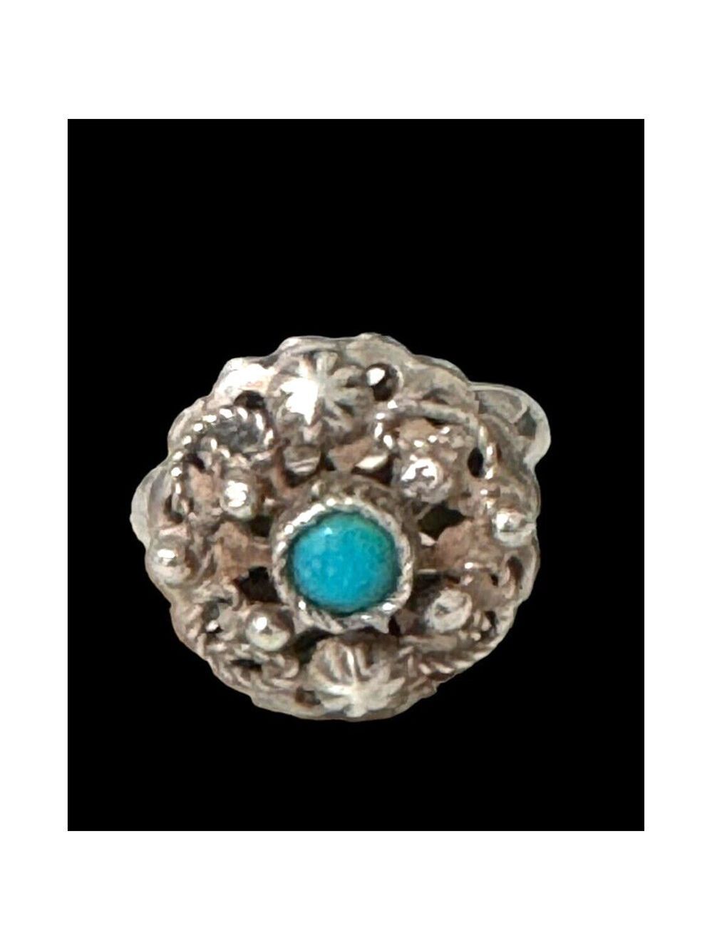 Antique Mexican Sterling Silver Filigree Flower Ring Turquoise Stone Sz 7.75
